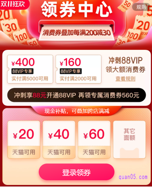 然后点击页面上的“万券齐发”,即可进入天猫双十一的领券中心