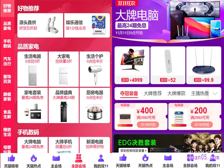 点击主会场页面底部的“全部会场”，就能找到天猫双十一的各个分会场入口了，选择自己喜欢的会场点击进去，要是有品类券，就能直接进行领取了