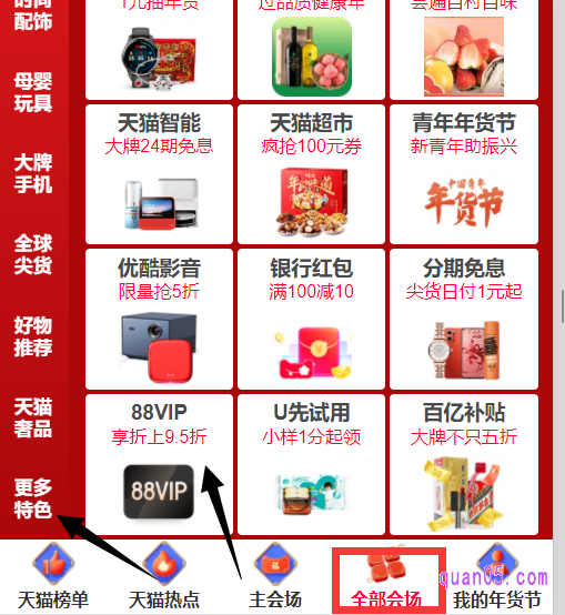 我们点击主会场页面底部的全部会场,然后下拉页面到底部的更多特色,就能找到年货节88vip享折上9.5折优惠的活动入口了