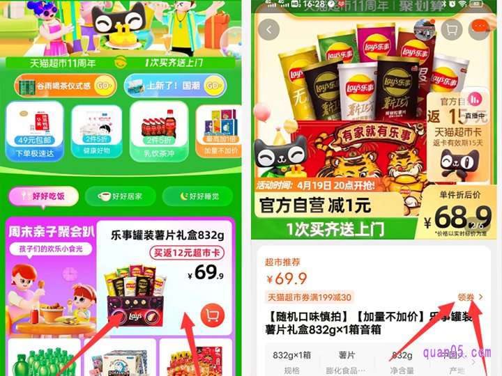 我们进入会场后,选择一个活动商品点击进去,就能进入商品详情页了。然后点击详情页商品标题下方的领券,就能找到天猫超市周年庆国务券