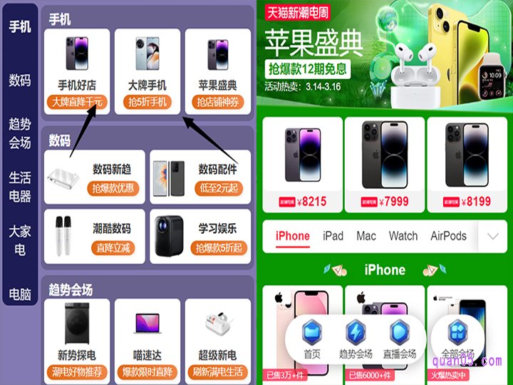 进入主会场后,点击会场底部的“全部会场”,即可找到“苹果盛典”会场入口。点击进去,就能参与315苹果手机的优惠活动了
