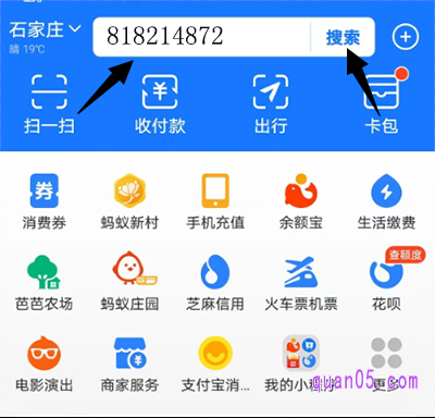 我们长按复制上面的数字,然后打开支付宝,在首页搜索框中粘贴数字码,点击搜索