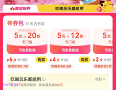 美团4.9元神券包攻略：12张5元无门槛优惠券轻松到手