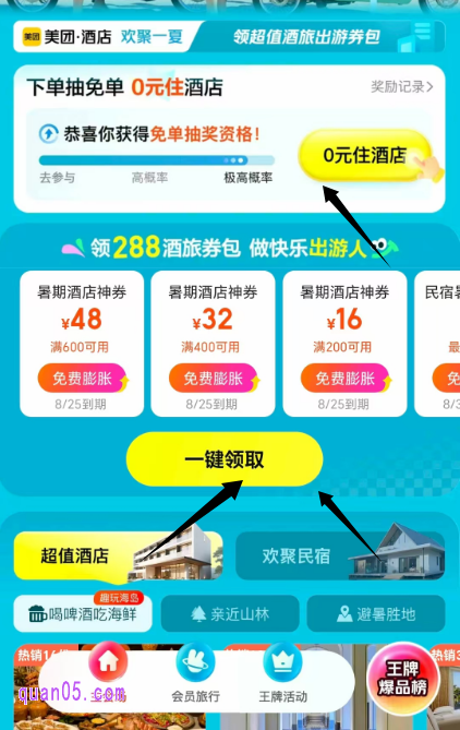 进入主会场后,顶部显著位置设有"0元住酒店"专属入口。我们先领取288元酒旅出游券包(包含酒店、民宿、旅行、团购等多种神券),再参与活动更划算